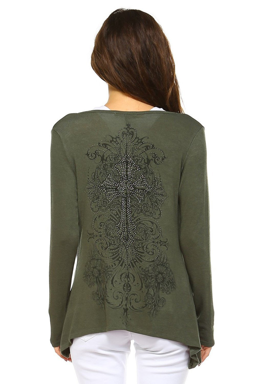 Hunter Green Long Sleeve A-line Knit Cardigan/Cross Tattoo Scroll style Back