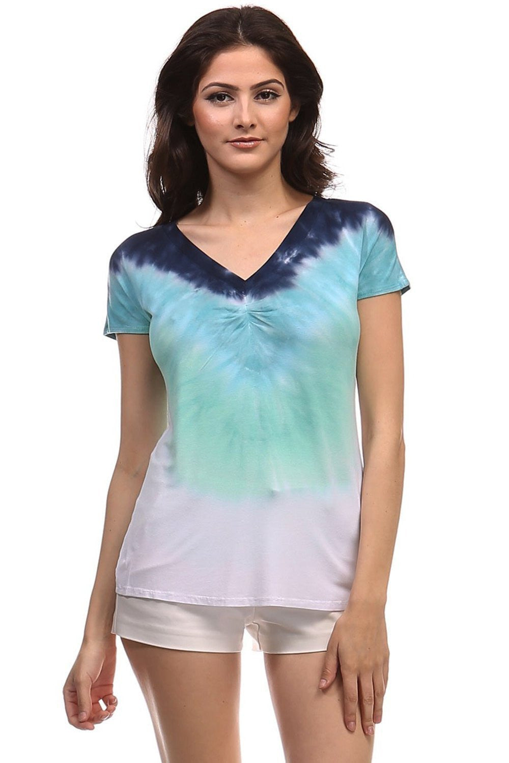 Women's Tie Dye Short Sleeve Tops - Mint Tie Dye V-neck Top