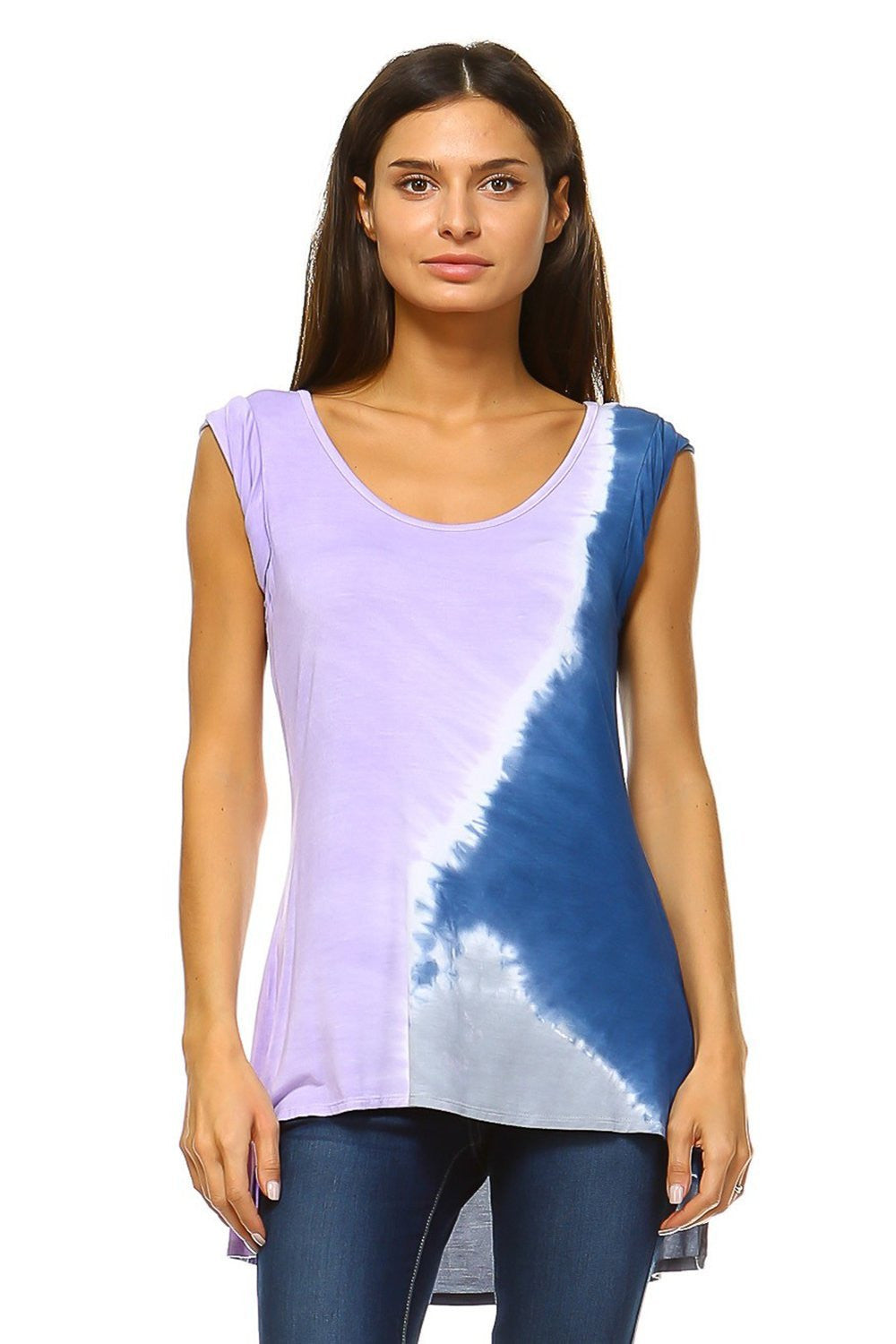 Women's Tunic Tops - Lilac & Navy Color Block Tie Dye Short Sleeve