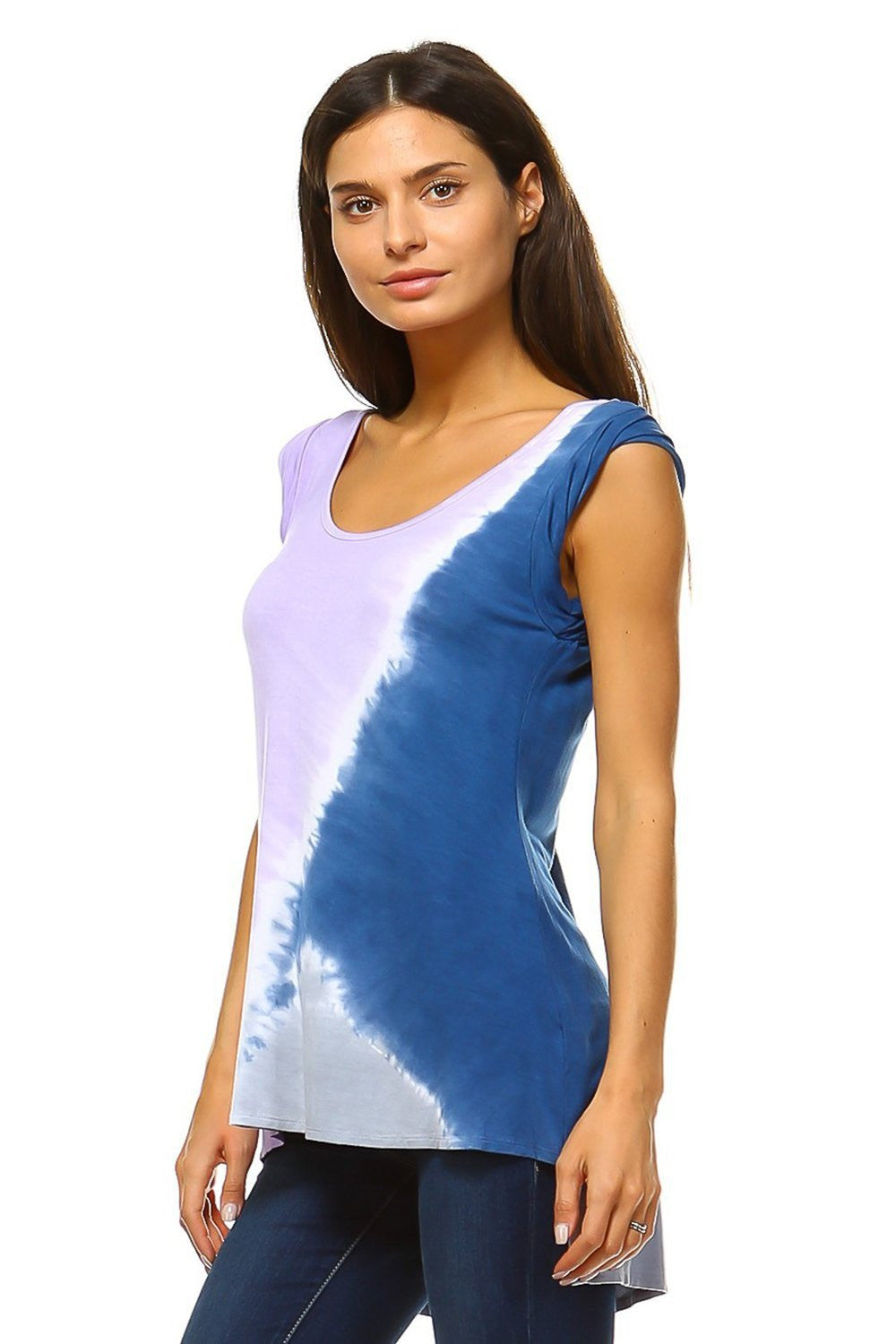 Women's Tunic Tops - Lilac & Navy Color Block Tie Dye Short Sleeve