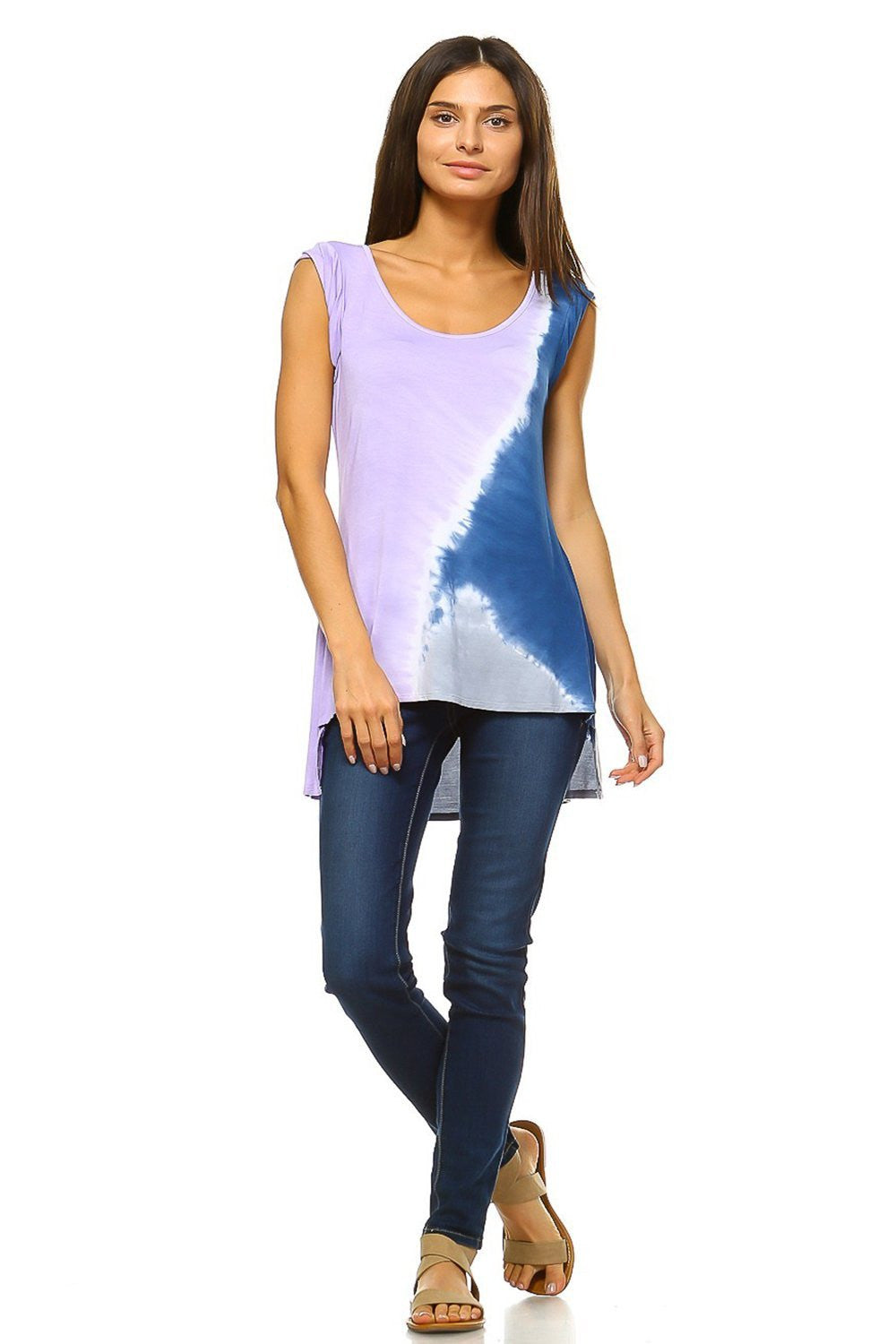 Women's Tunic Tops - Lilac & Navy Color Block Tie Dye Short Sleeve