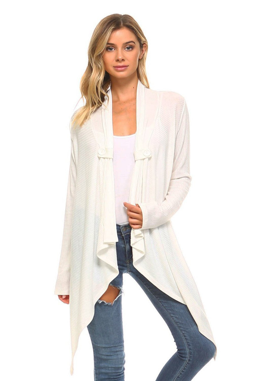 Ivory Asymmetric Tunic Knit Cardigan With Button Trim Detail