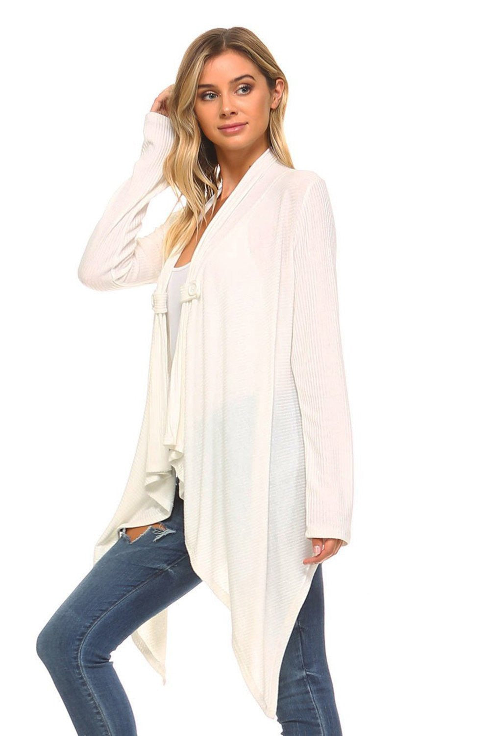 Ivory Asymmetric Tunic Knit Cardigan With Button Trim Detail