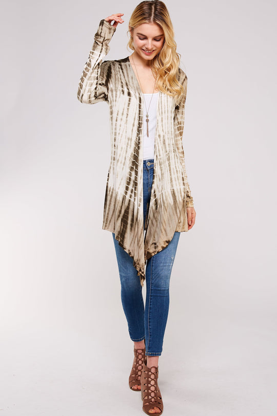 Olive And White Bamboo Tie Dye Long Sleeve With A-line Cardigan Shark Bite Hems