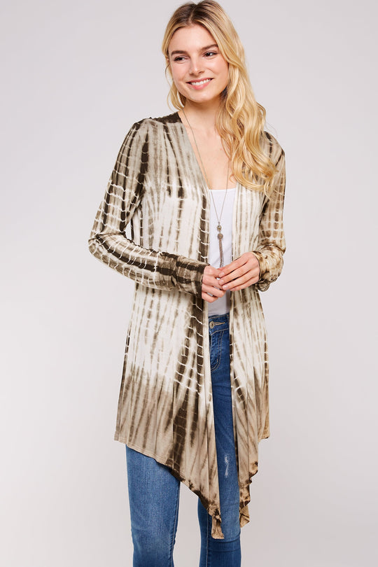 Olive And White Bamboo Tie Dye Long Sleeve With A-line Cardigan Shark Bite Hems