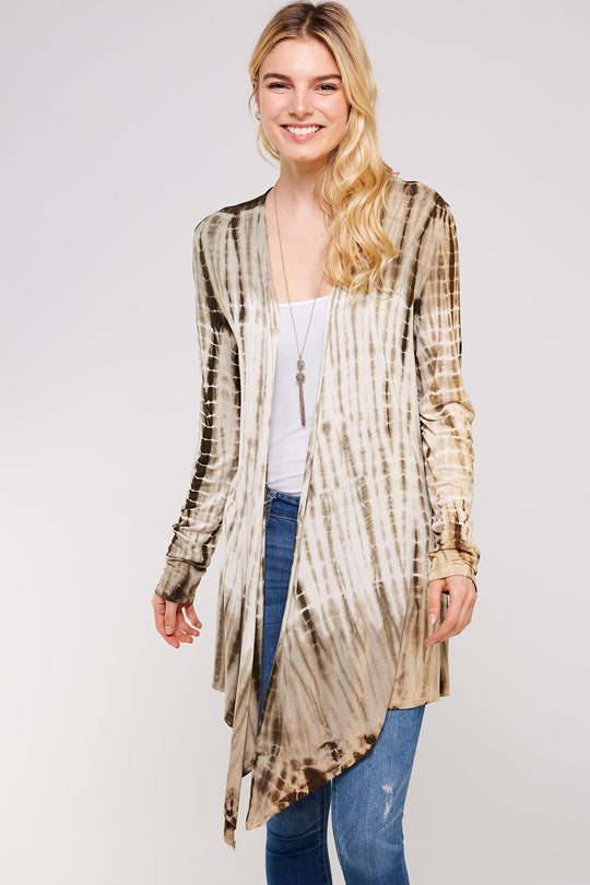 Olive And White Bamboo Tie Dye Long Sleeve With A-line Cardigan Shark Bite Hems