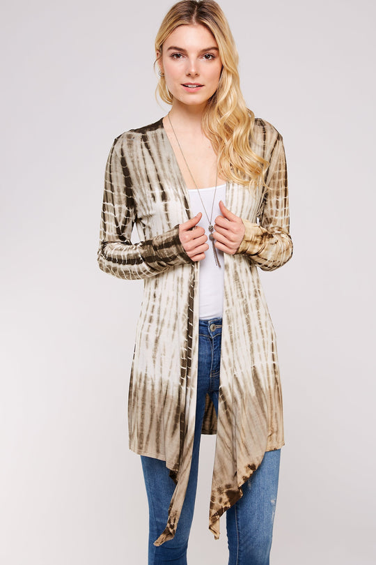 Olive And White Bamboo Tie Dye Long Sleeve With A-line Cardigan Shark Bite Hems