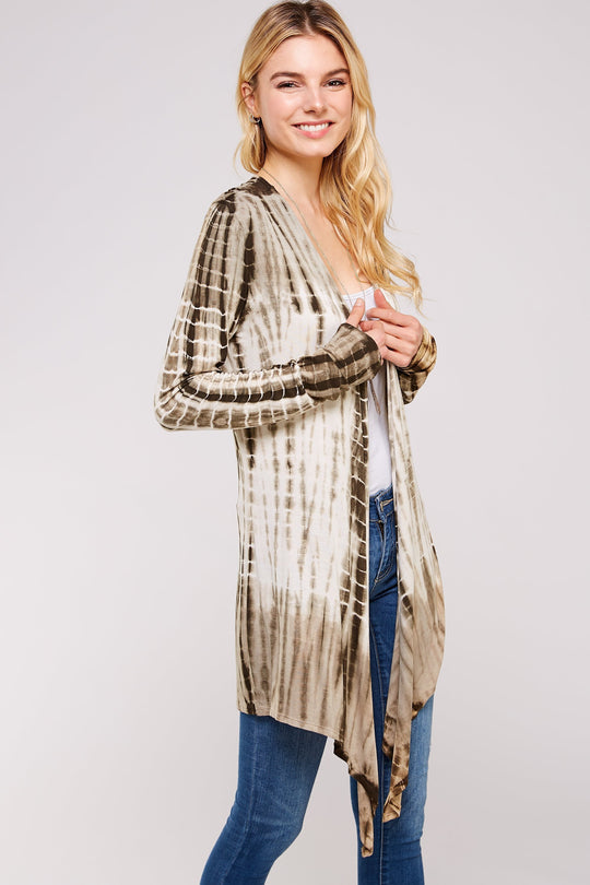 Olive And White Bamboo Tie Dye Long Sleeve With A-line Cardigan Shark Bite Hems
