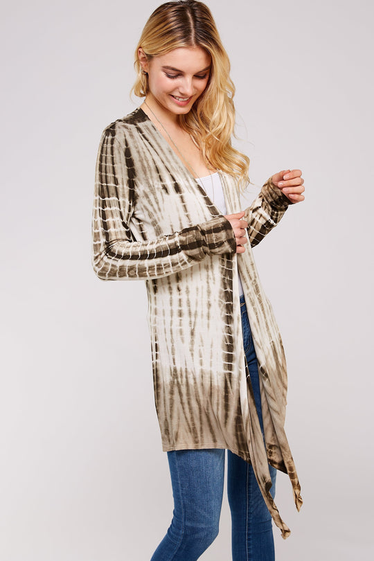 Olive And White Bamboo Tie Dye Long Sleeve With A-line Cardigan Shark Bite Hems