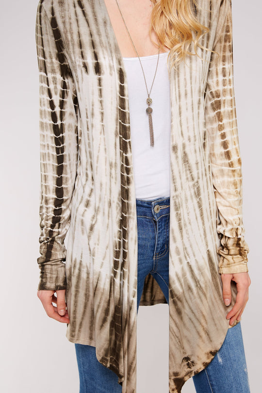 Olive And White Bamboo Tie Dye Long Sleeve With A-line Cardigan Shark Bite Hems