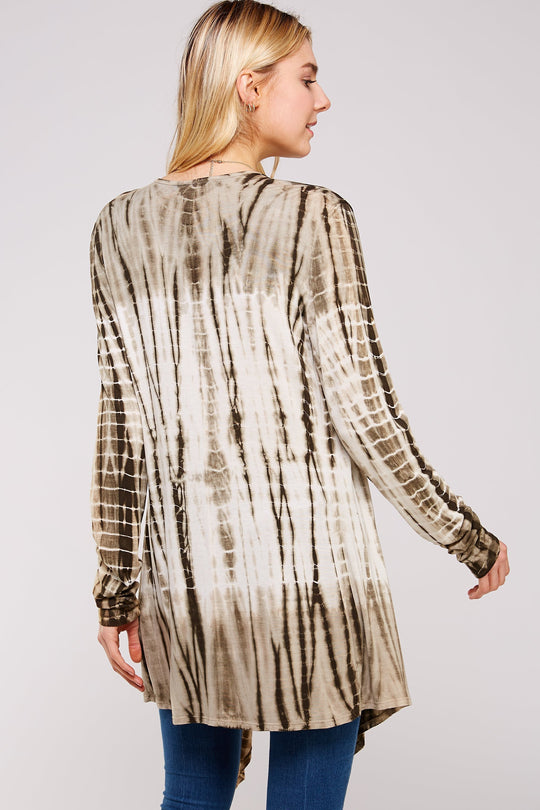 Olive And White Bamboo Tie Dye Long Sleeve With A-line Cardigan Shark Bite Hems