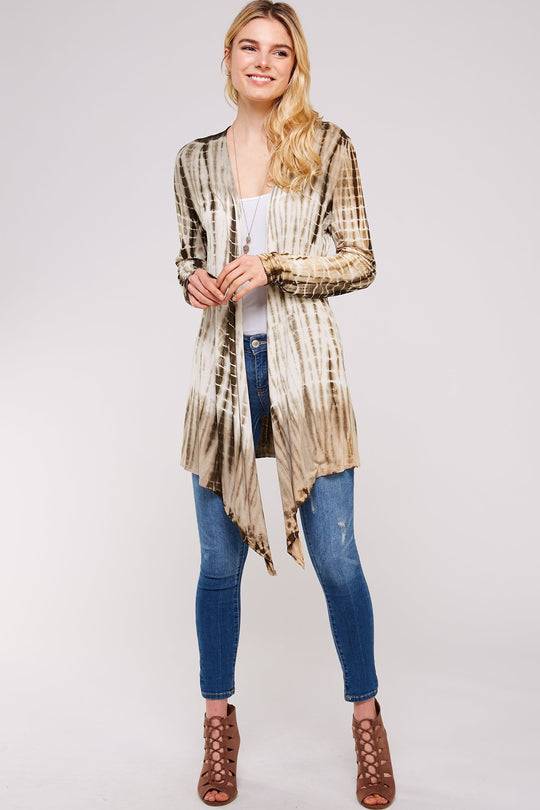 Olive And White Bamboo Tie Dye Long Sleeve With A-line Cardigan Shark Bite Hems