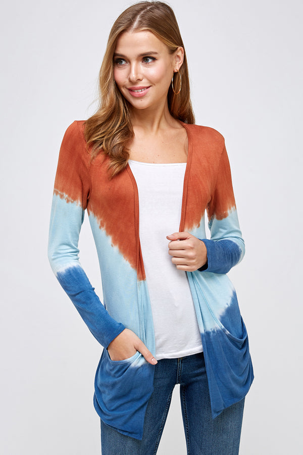 Out wear Cardigan Burnt Orange And Blue Three Tone Dip Tie Dye Long Sleeve