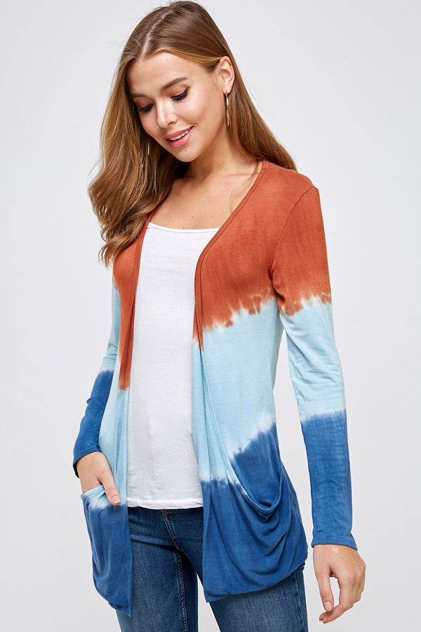 Out wear Cardigan Burnt Orange And Blue Three Tone Dip Tie Dye Long Sleeve