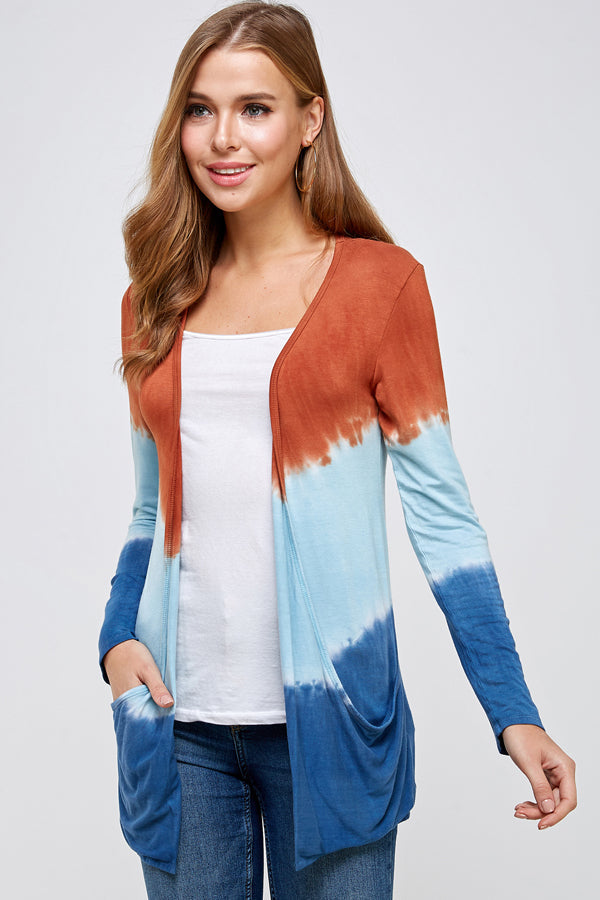 Out wear Cardigan Burnt Orange And Blue Three Tone Dip Tie Dye Long Sleeve
