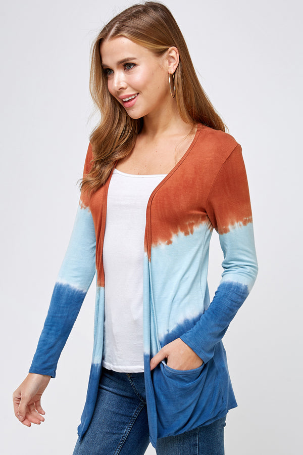Out wear Cardigan Burnt Orange And Blue Three Tone Dip Tie Dye Long Sleeve