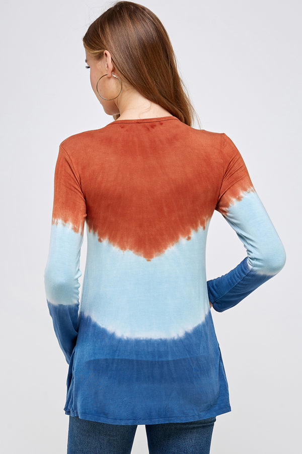 Out wear Cardigan Burnt Orange And Blue Three Tone Dip Tie Dye Long Sleeve