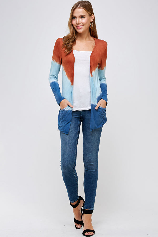 Out wear Cardigan Burnt Orange And Blue Three Tone Dip Tie Dye Long Sleeve