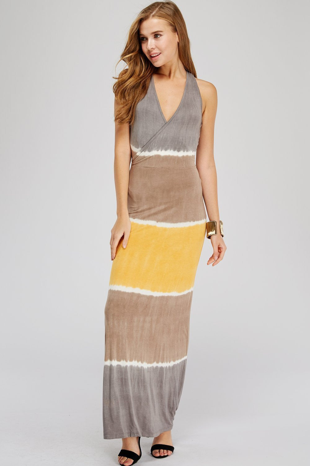 Women Long Dress - Gray, Tan & Orange Block Tie Dye Maxi Dress