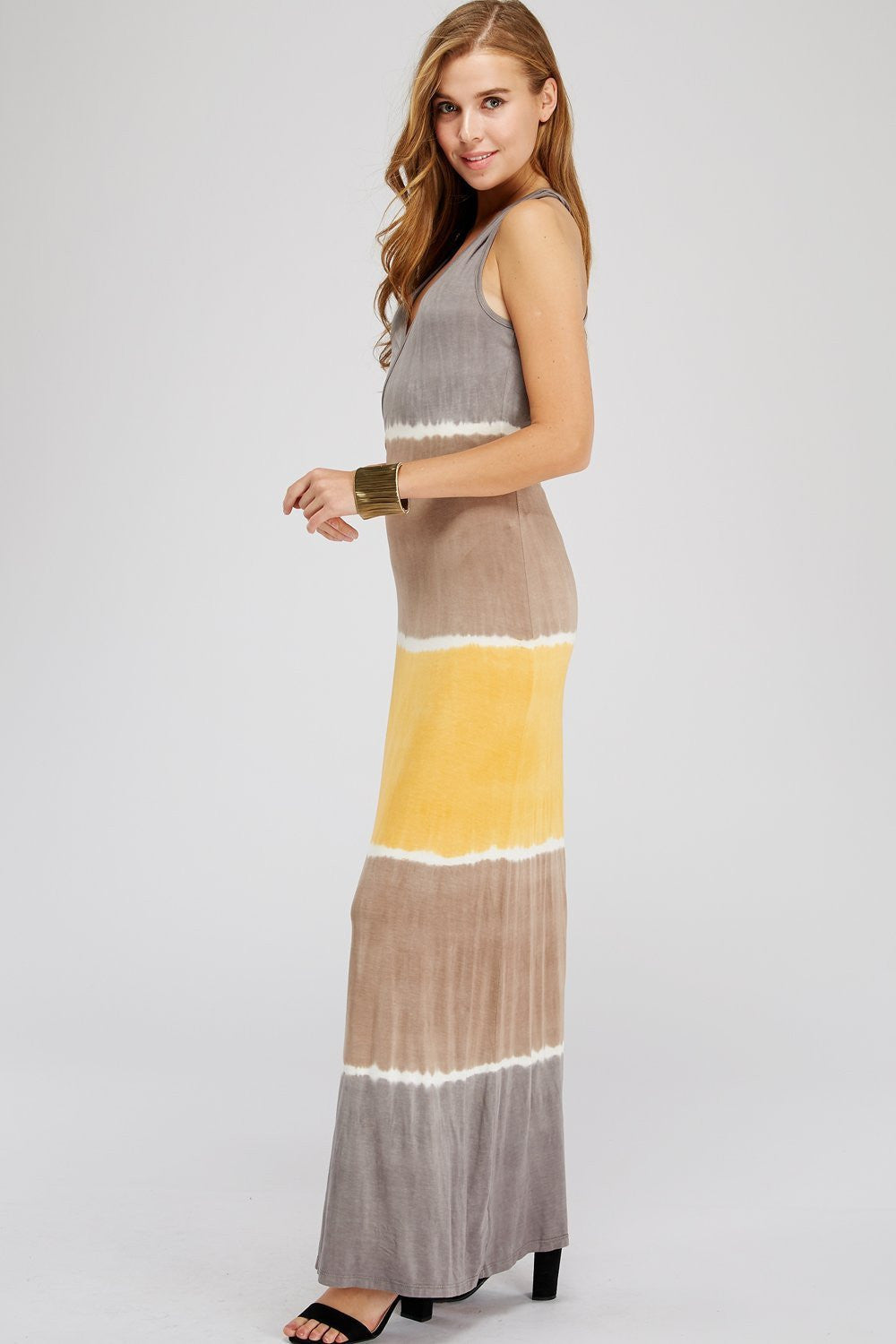 Women Long Dress - Gray, Tan & Orange Block Tie Dye Maxi Dress