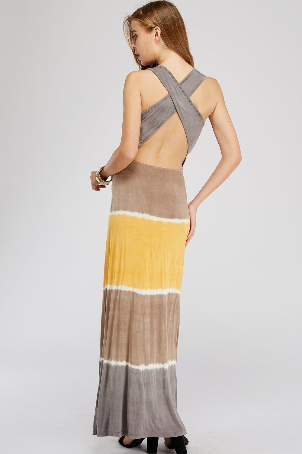 Women Long Dress - Gray, Tan & Orange Block Tie Dye Maxi Dress