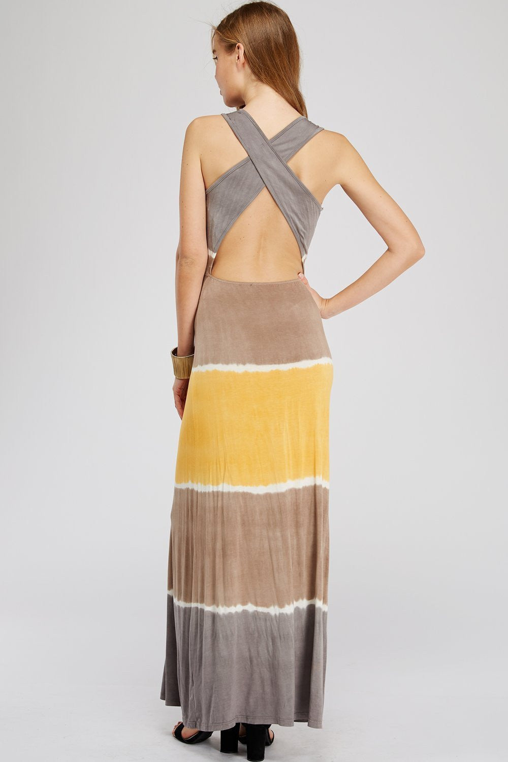 Women Long Dress - Gray, Tan & Orange Block Tie Dye Maxi Dress
