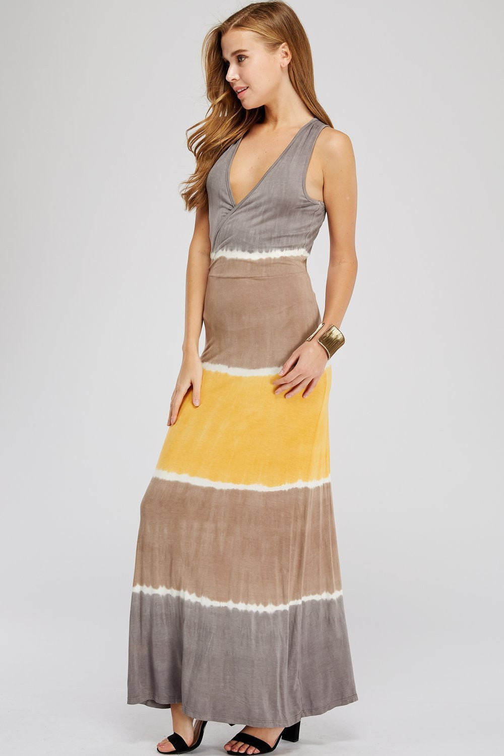 Women Long Dress - Gray, Tan & Orange Block Tie Dye Maxi Dress