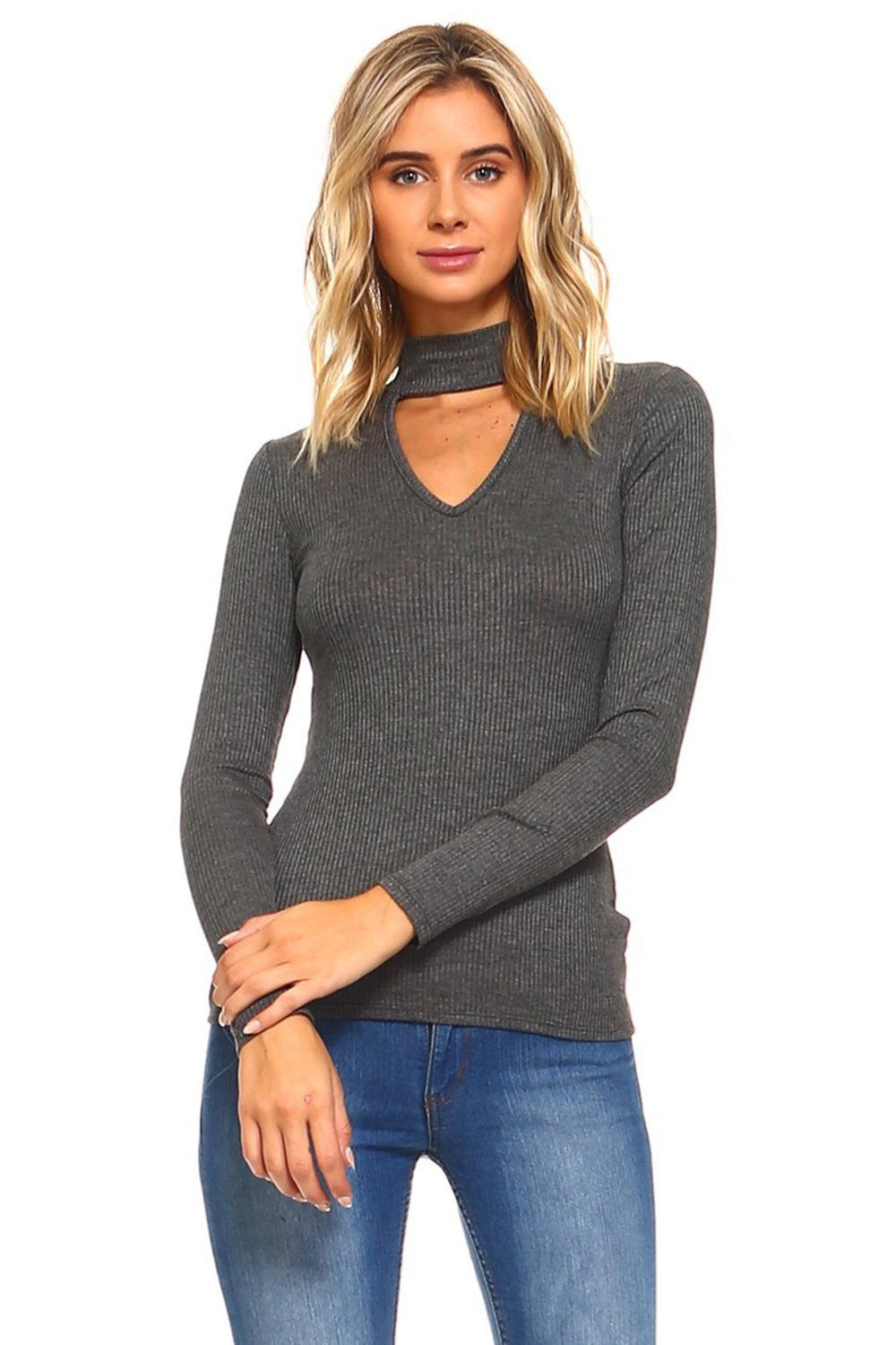 Soft Ribbed Fitted Mock Neck Long Sleeve Top