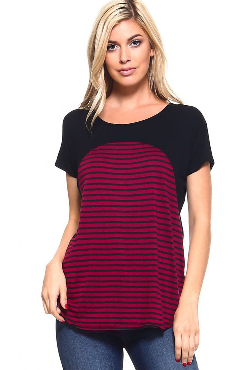 Striped Scoop neck Short Sleeve Casual Chiffon Top With Upper Mesh Lining