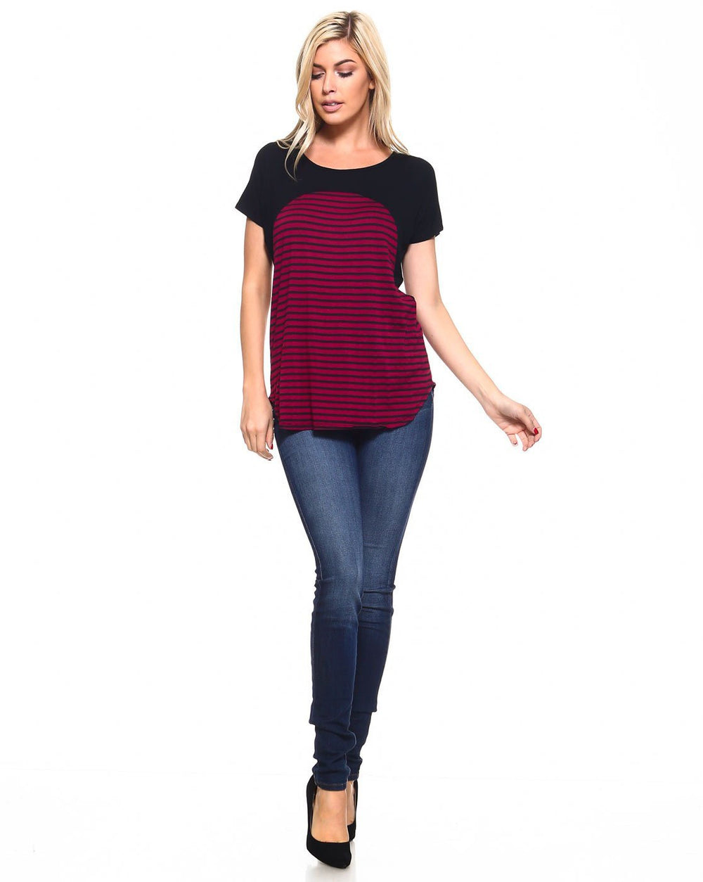 Striped Scoop neck Short Sleeve Casual Chiffon Top With Upper Mesh Lining