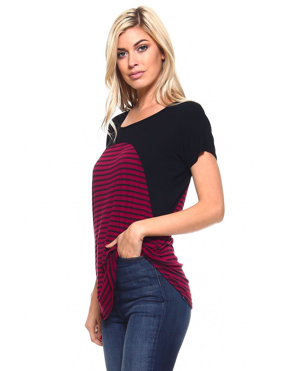 Striped Scoop neck Short Sleeve Casual Chiffon Top With Upper Mesh Lining
