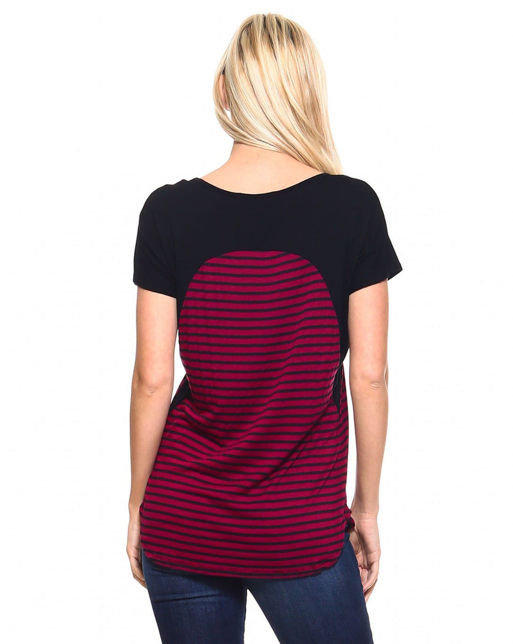 Striped Scoop neck Short Sleeve Casual Chiffon Top With Upper Mesh Lining