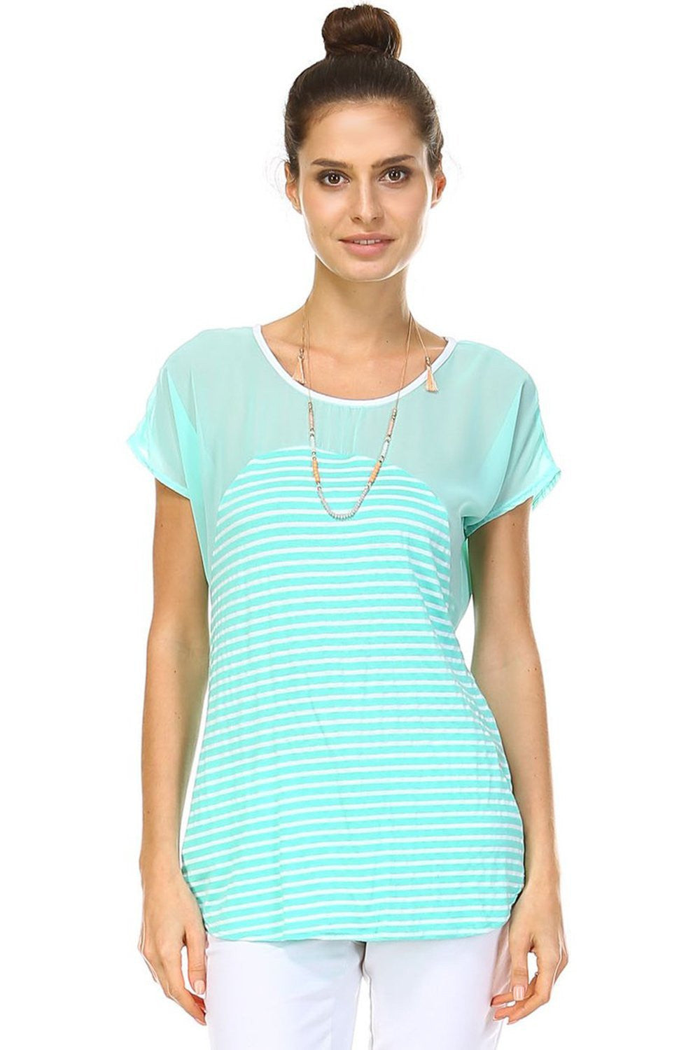 Striped Scoop Neck Short Sleeve Casual Chiffon Top With Upper Mesh Lining