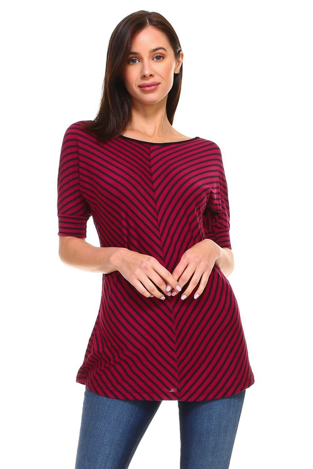 Striped Scoop Neck Half SBlouse With Ribbon Keyhole Back Detail And Banded Cuffs