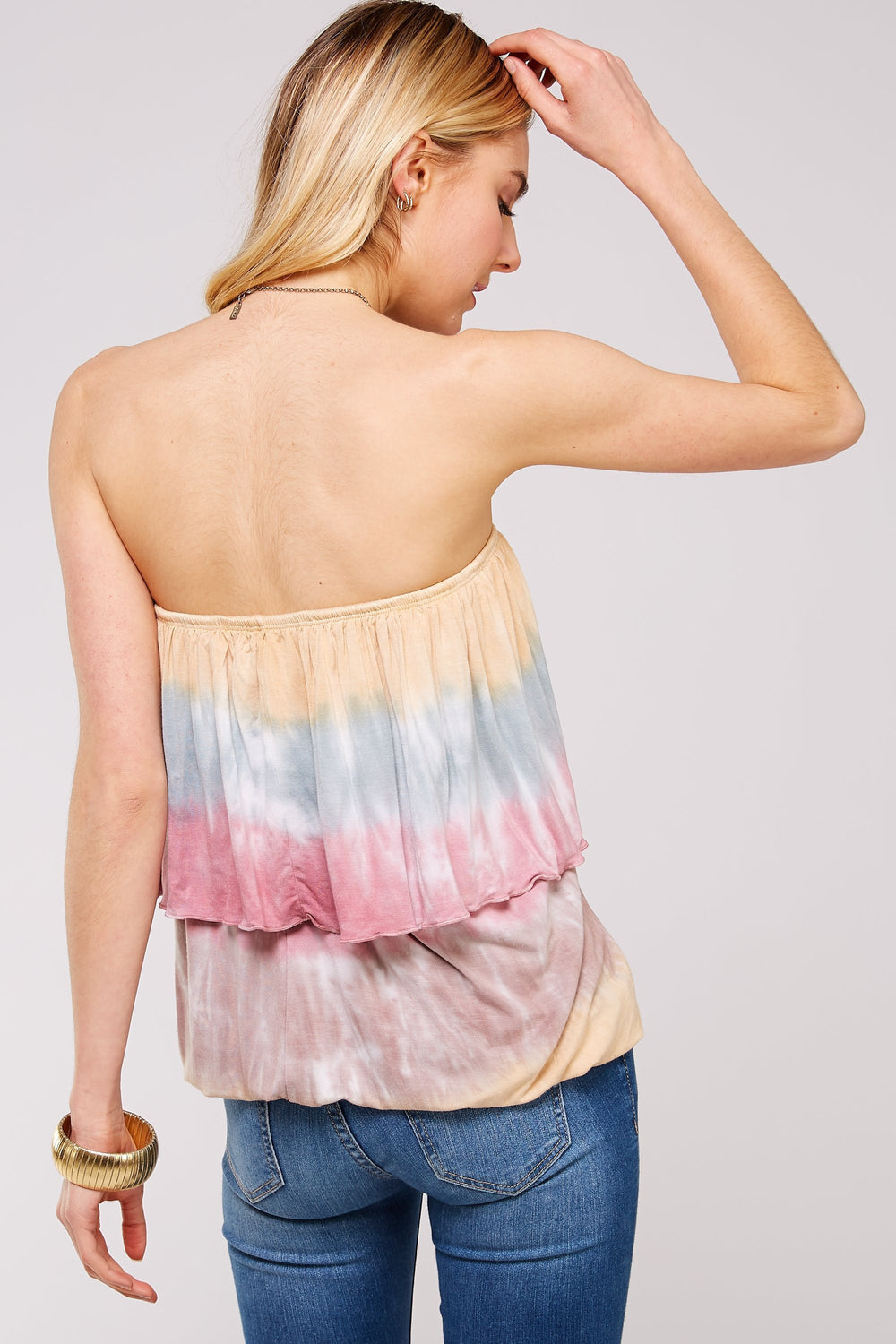 Soft Butter Yellow Multi Bamboo Tie Dye Ruffle Tiered Tube Top