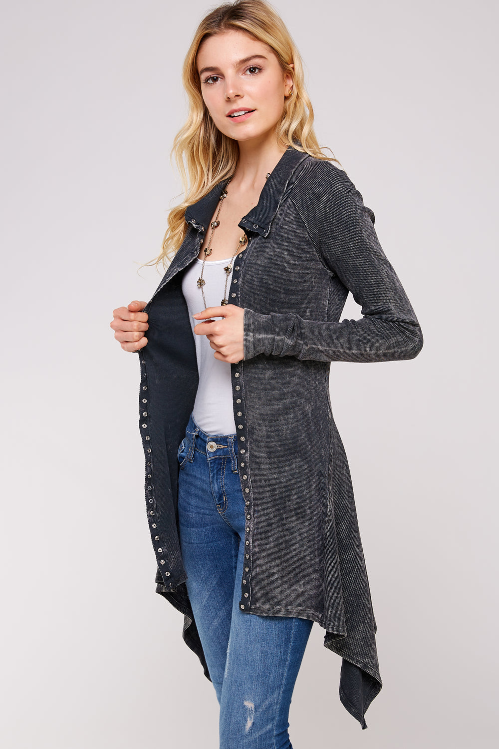 Soft Mineral Washed Long Sleeve Thermal Tunic Outwear/Button Down Collar Neckline