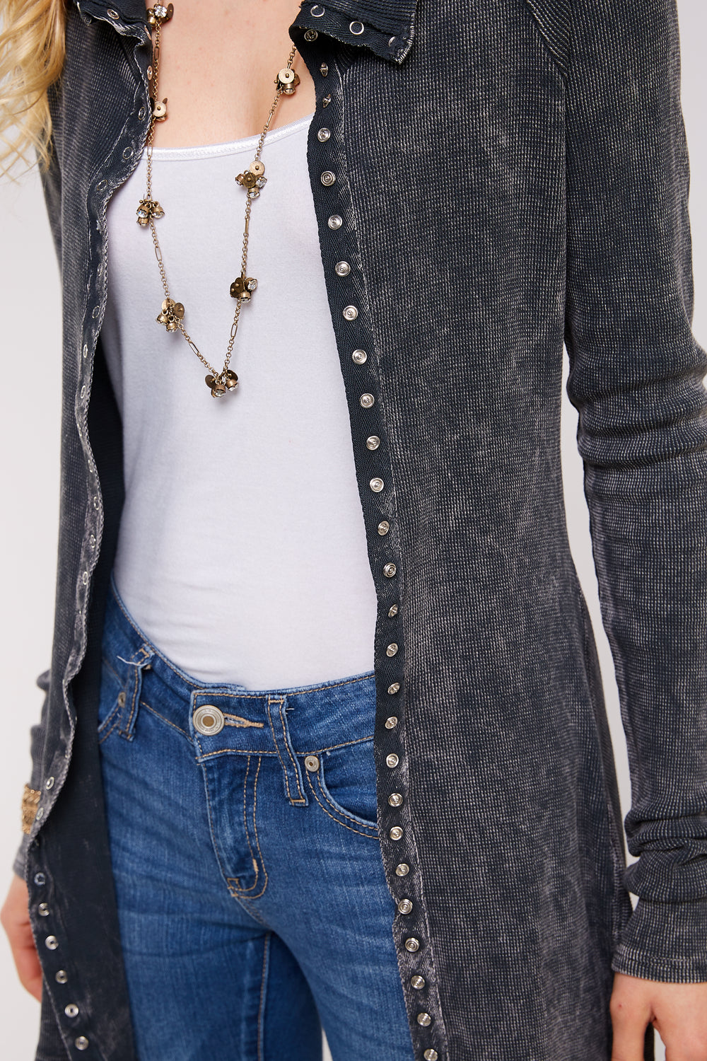 Soft Mineral Washed Long Sleeve Thermal Tunic Outwear/Button Down Collar Neckline