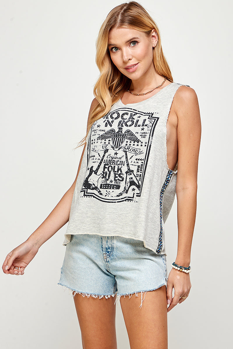 French Grey Heather Terry Muscle Tank With Rock N Roll Embellished Graphic Design