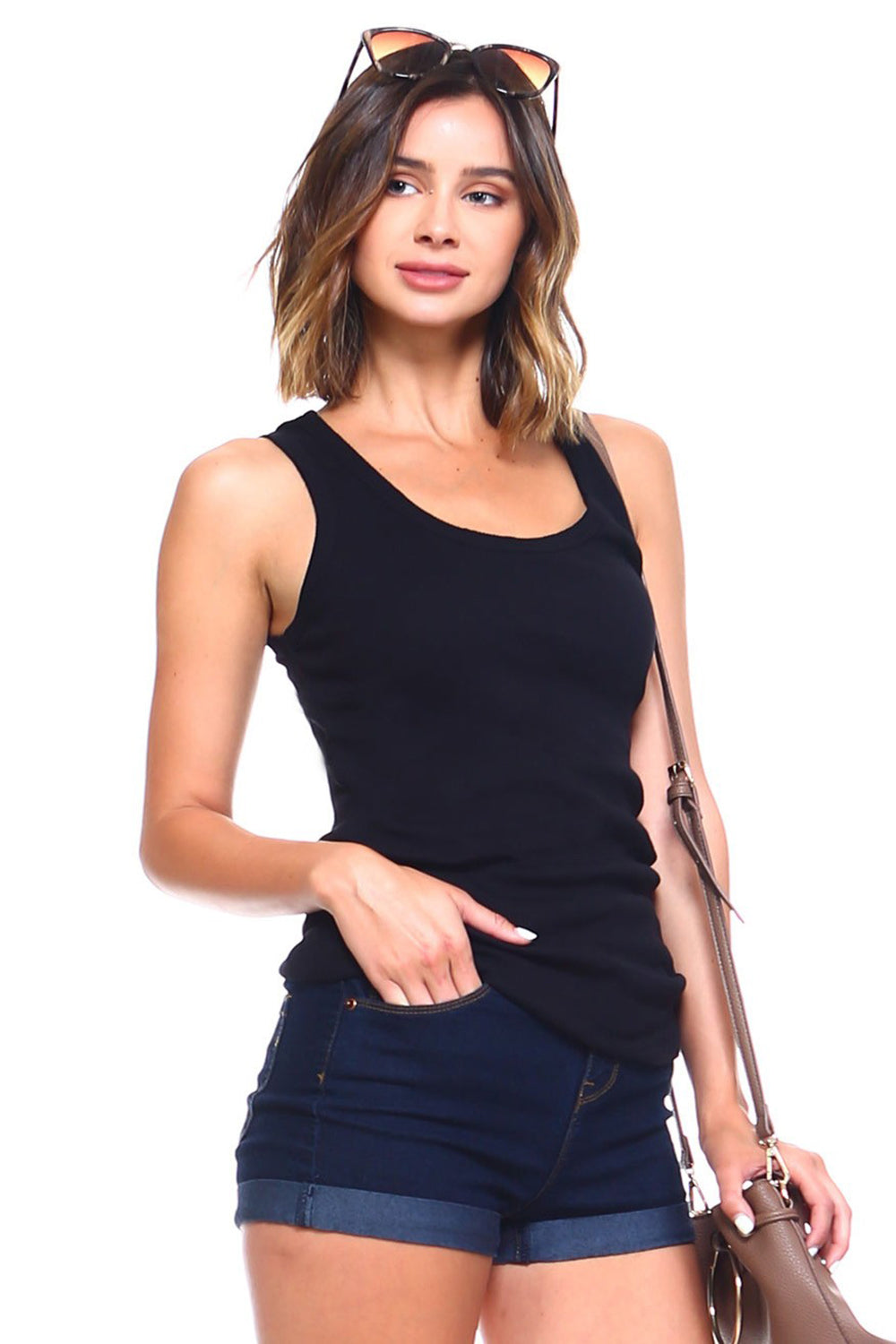 Black Ribbed Scoop Neck Tank Tops