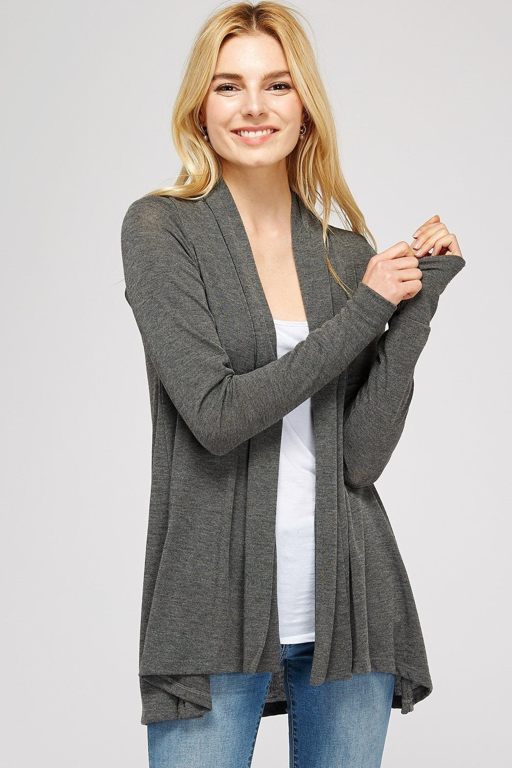 Solid Draped Hacci Knit A Line Cardigan With Ruched Center Back