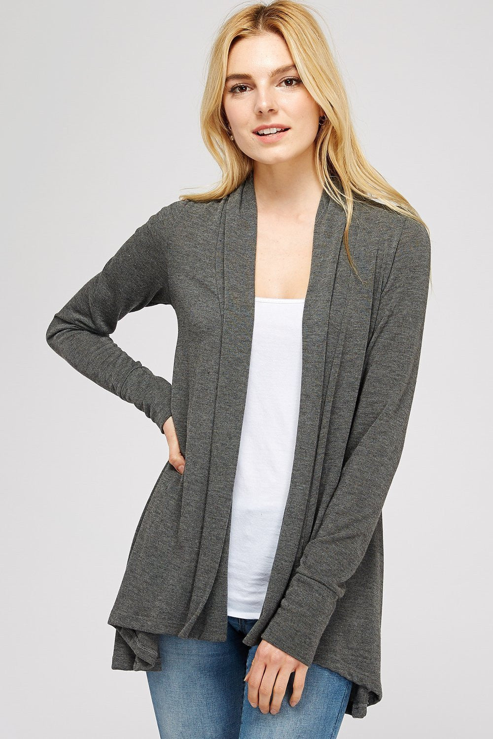 Solid Draped Hacci Knit A Line Cardigan With Ruched Center Back