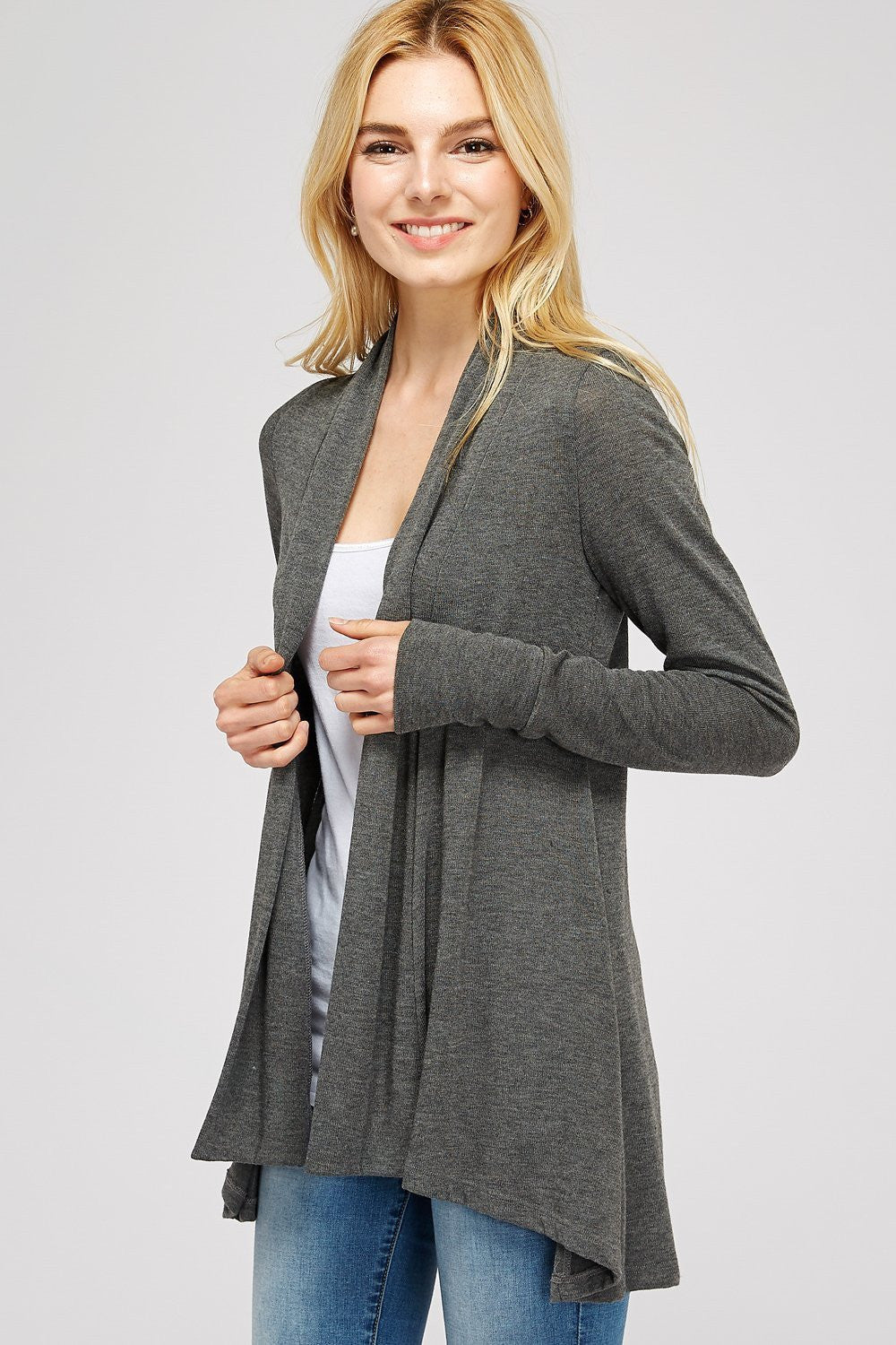 Solid Draped Hacci Knit A Line Cardigan With Ruched Center Back