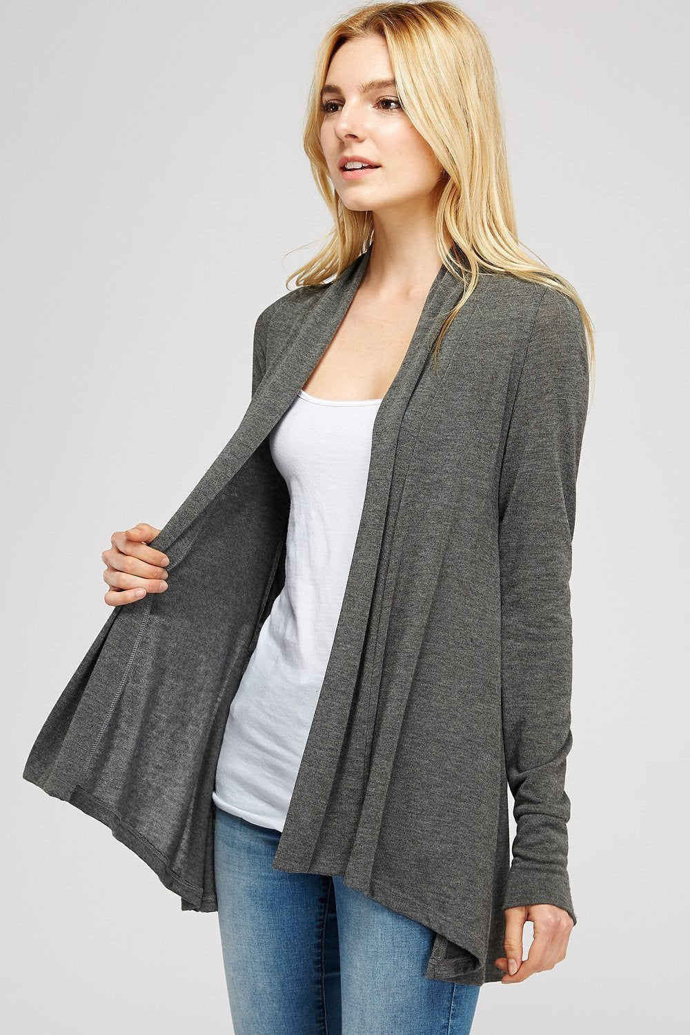 Solid Draped Hacci Knit A Line Cardigan With Ruched Center Back