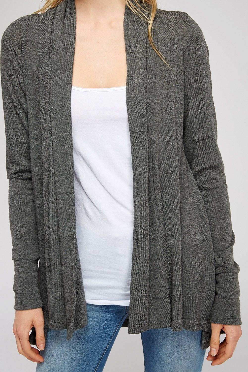 Solid Draped Hacci Knit A Line Cardigan With Ruched Center Back