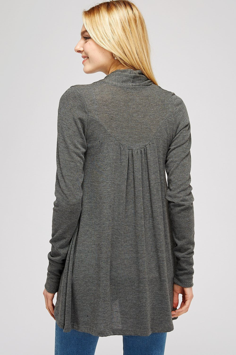 Solid Draped Hacci Knit A Line Cardigan With Ruched Center Back