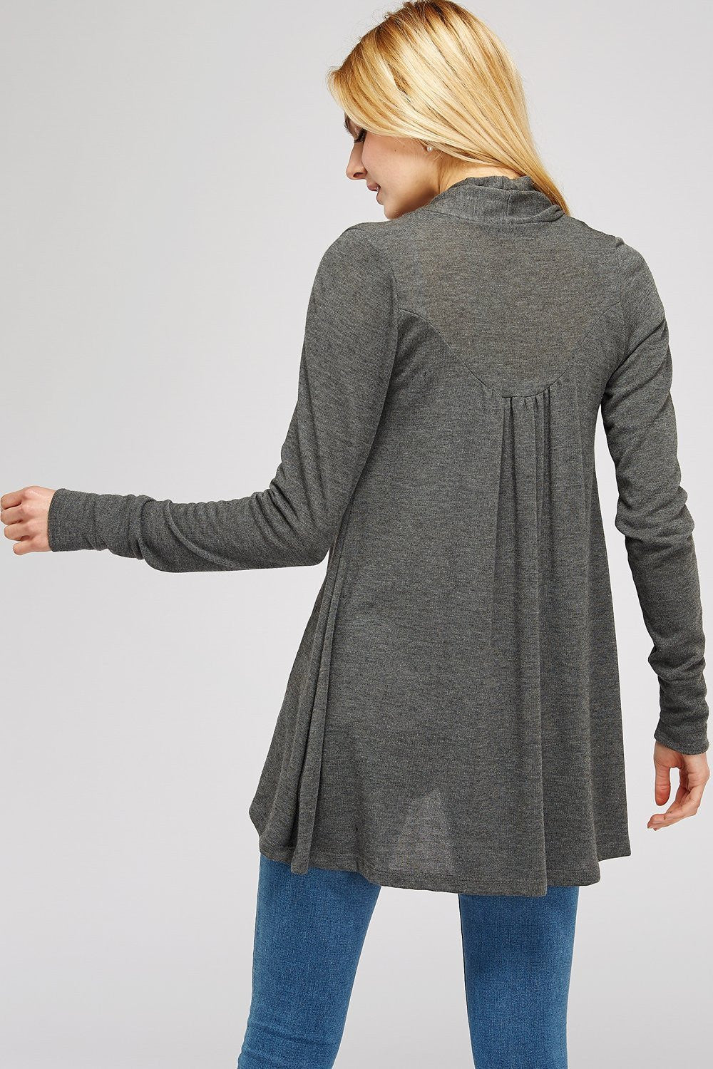 Solid Draped Hacci Knit A Line Cardigan With Ruched Center Back