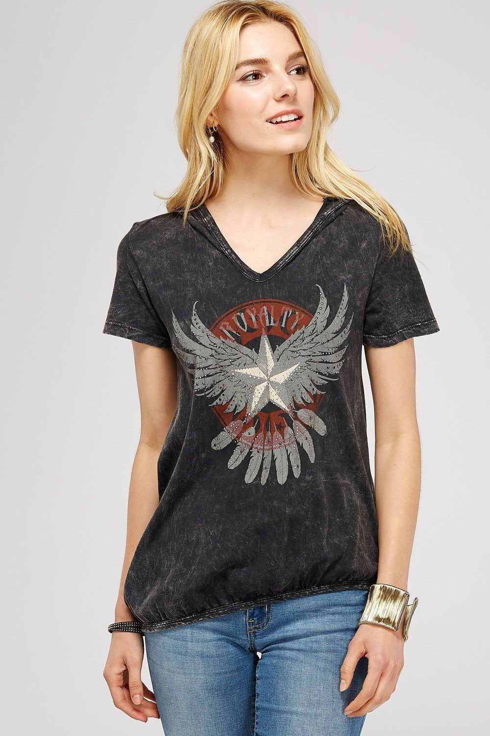 Black Mineral Washed V-Neck Short Sleeve With oyalty Angel Wings