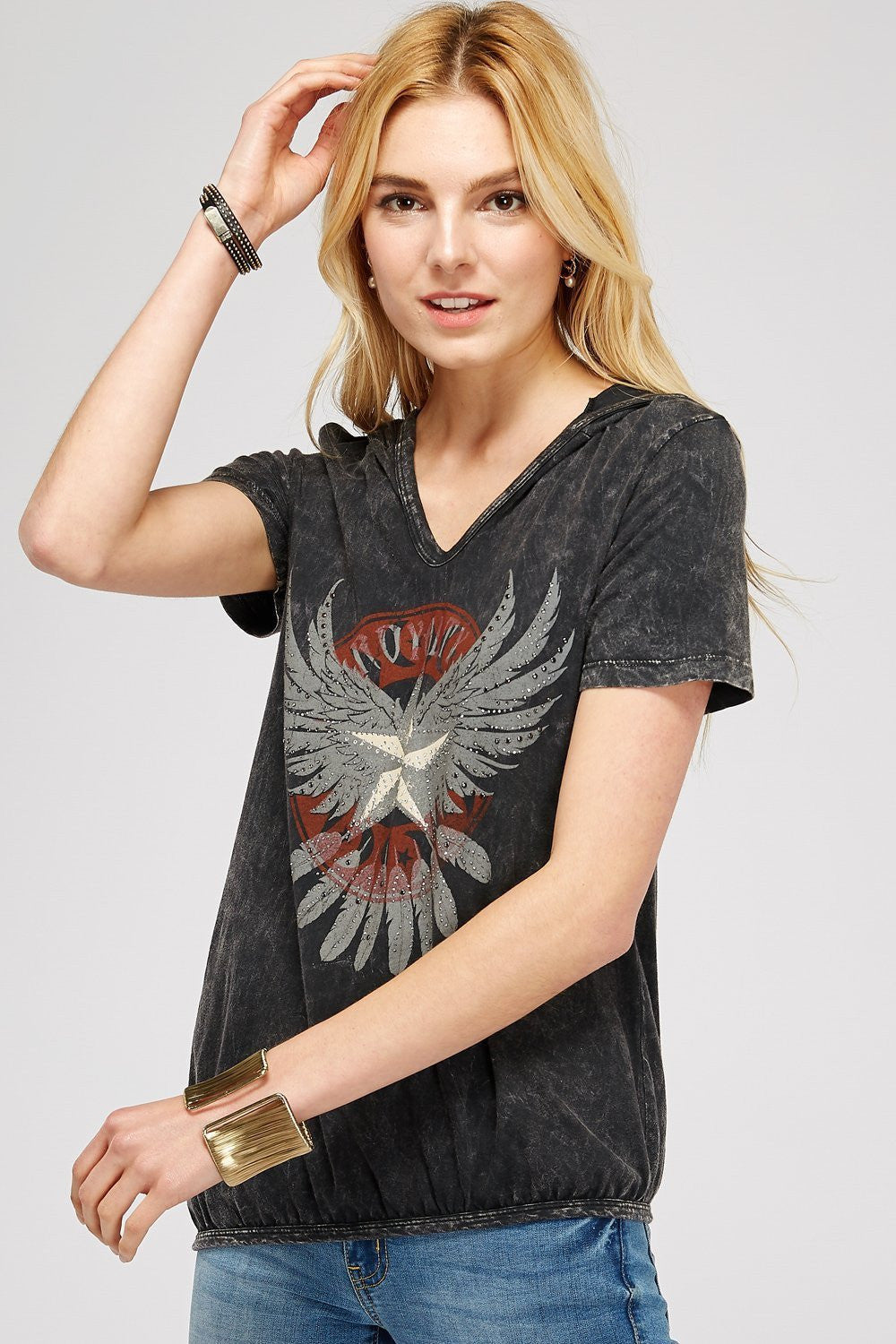 Black Mineral Washed V-Neck Short Sleeve With oyalty Angel Wings