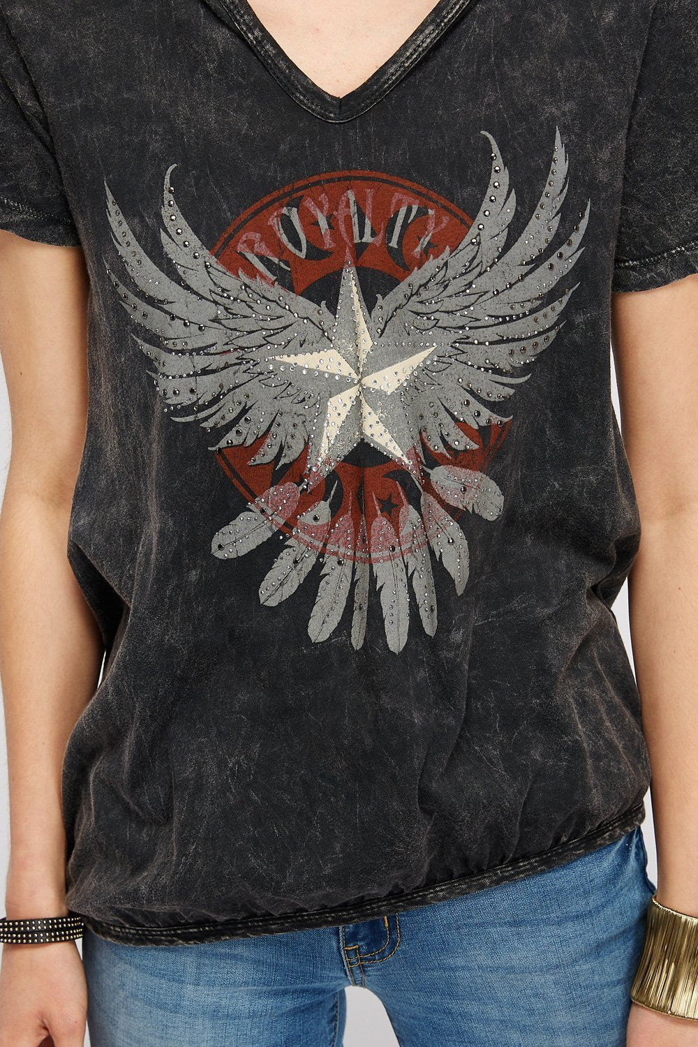 Black Mineral Washed V-Neck Short Sleeve With oyalty Angel Wings