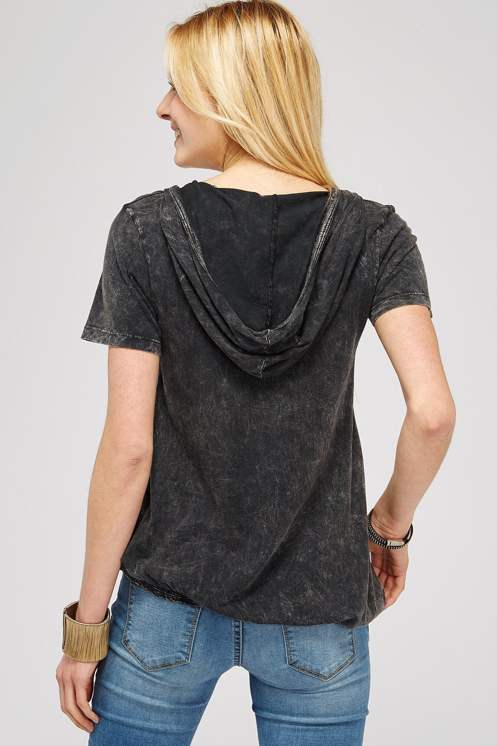 Black Mineral Washed V-Neck Short Sleeve With oyalty Angel Wings